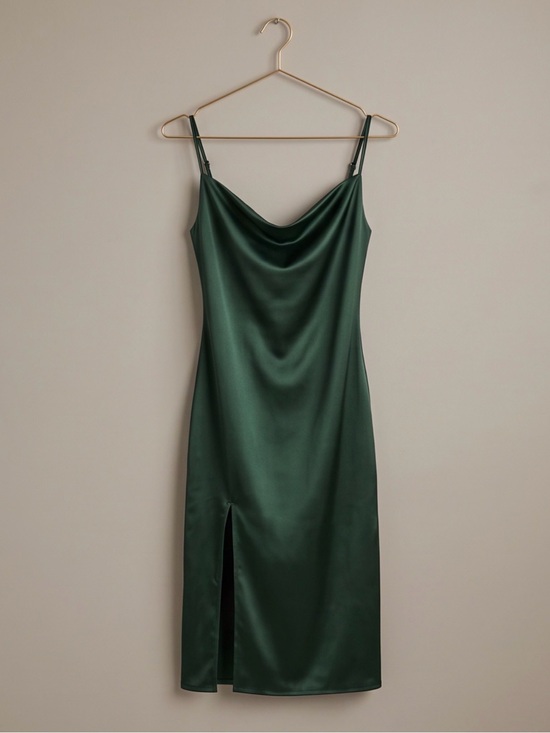 Dresses & Skirts - Emerald Green Satin Slip Dress - Elegant Cowl Neck